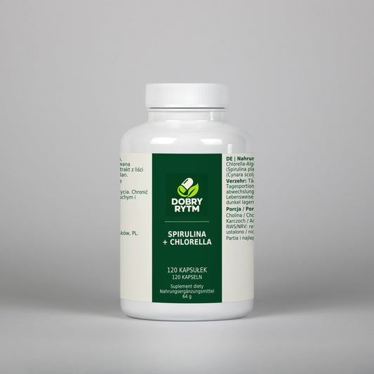 Dobry Rytm Spirulina + Chlorella z wapniem i choliną - 120 kapsułek