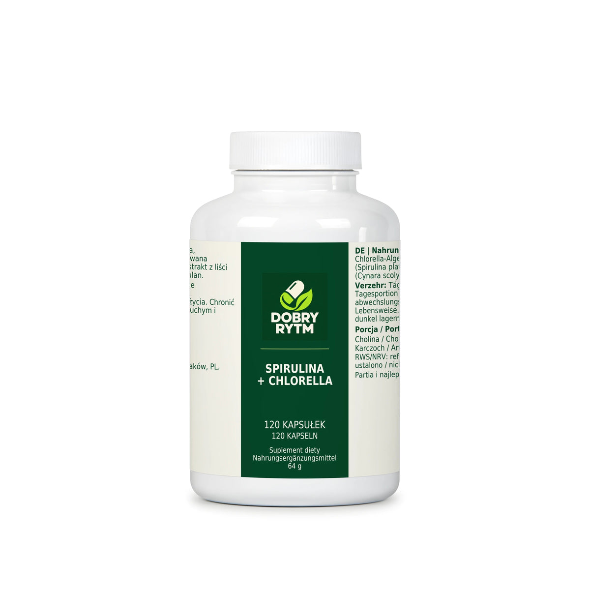Dobry Rytm Spirulina + Chlorella z wapniem i choliną - 120 kapsułek