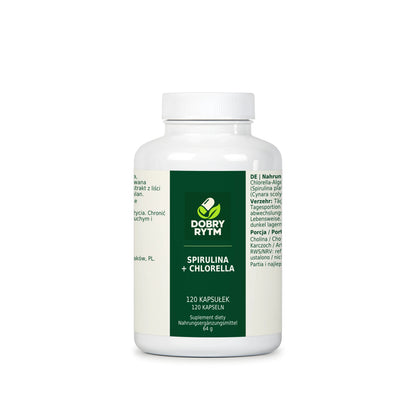 Dobry Rytm Spirulina + Chlorella z wapniem i choliną - 120 kapsułek
